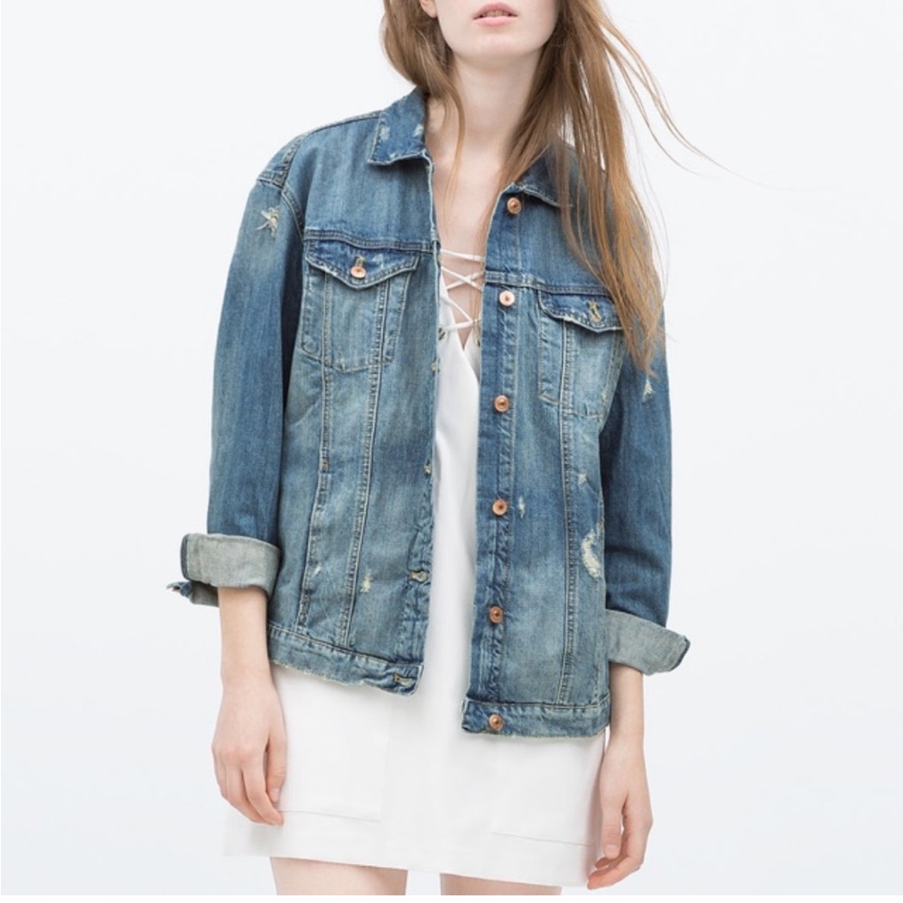 Zara Denim Jacket -distressed -Tailored -Pockets- EUC- Sz S